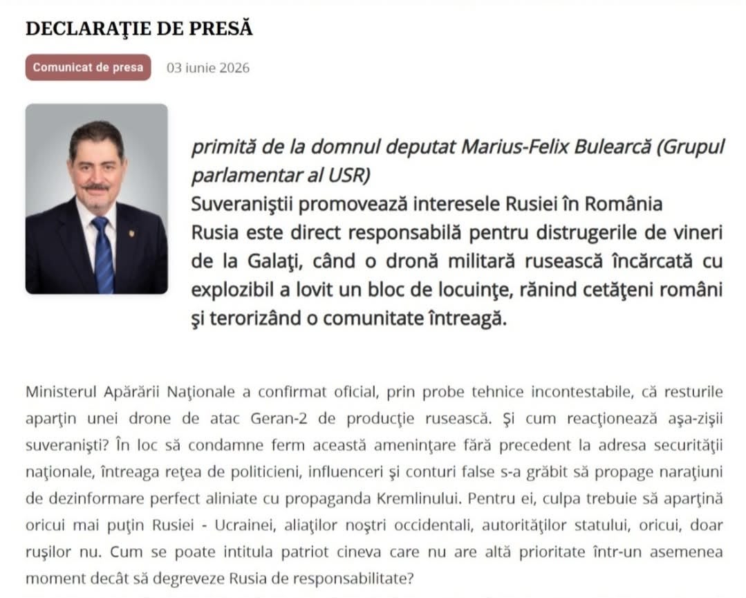 Marius-Felix Bulearcă: Suveraniştii promovează interesele Rusiei în România Rusia este direct responsabilă pentru distrugerile de vineri de la Galaţi, când o dronă militară rusească încărcată cu explozibil a lovit un bloc de locuinţe, rănind cetăţeni români şi terorizând o comunitate întreagă.